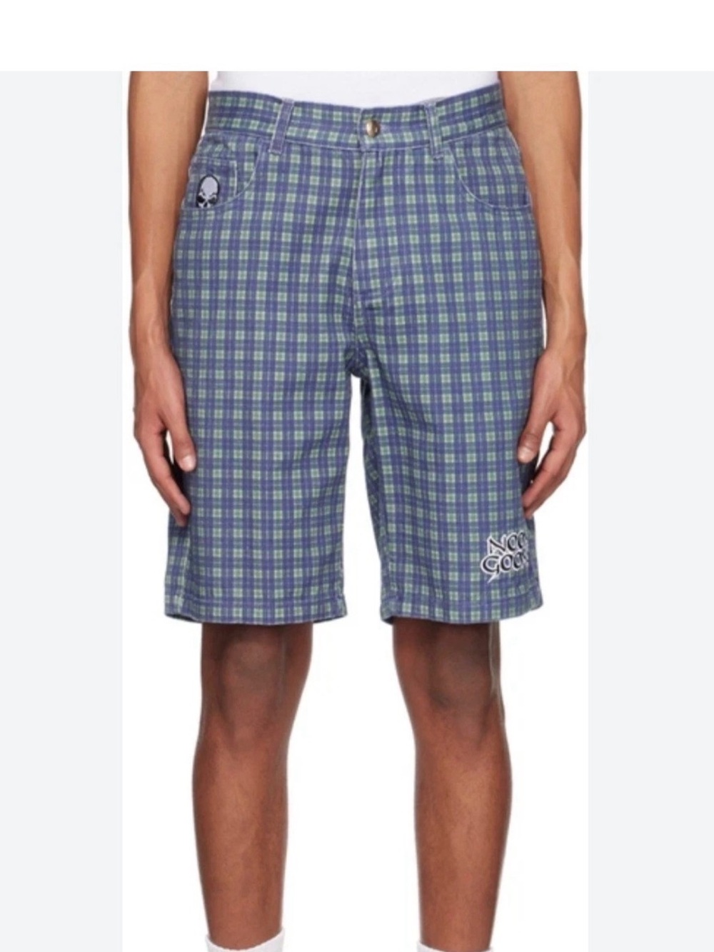 Skull Crest Blue-Green Plaid Men's Flat Front Shorts